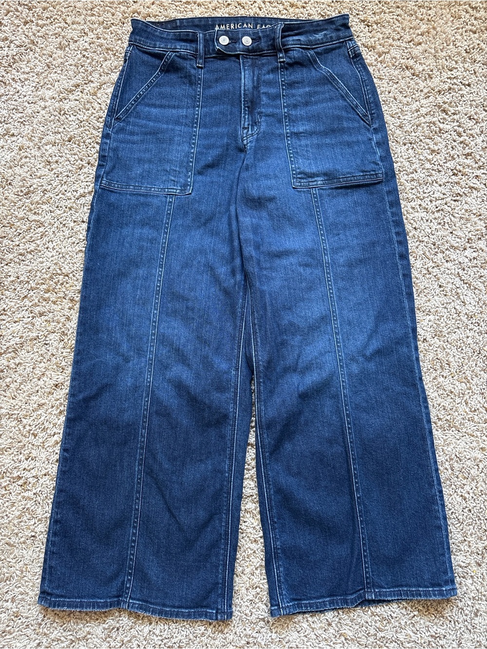 AE Dreamy Drape Stretch Super High-Rise Baggy Wide-Leg Jeans Sz 8 X Short